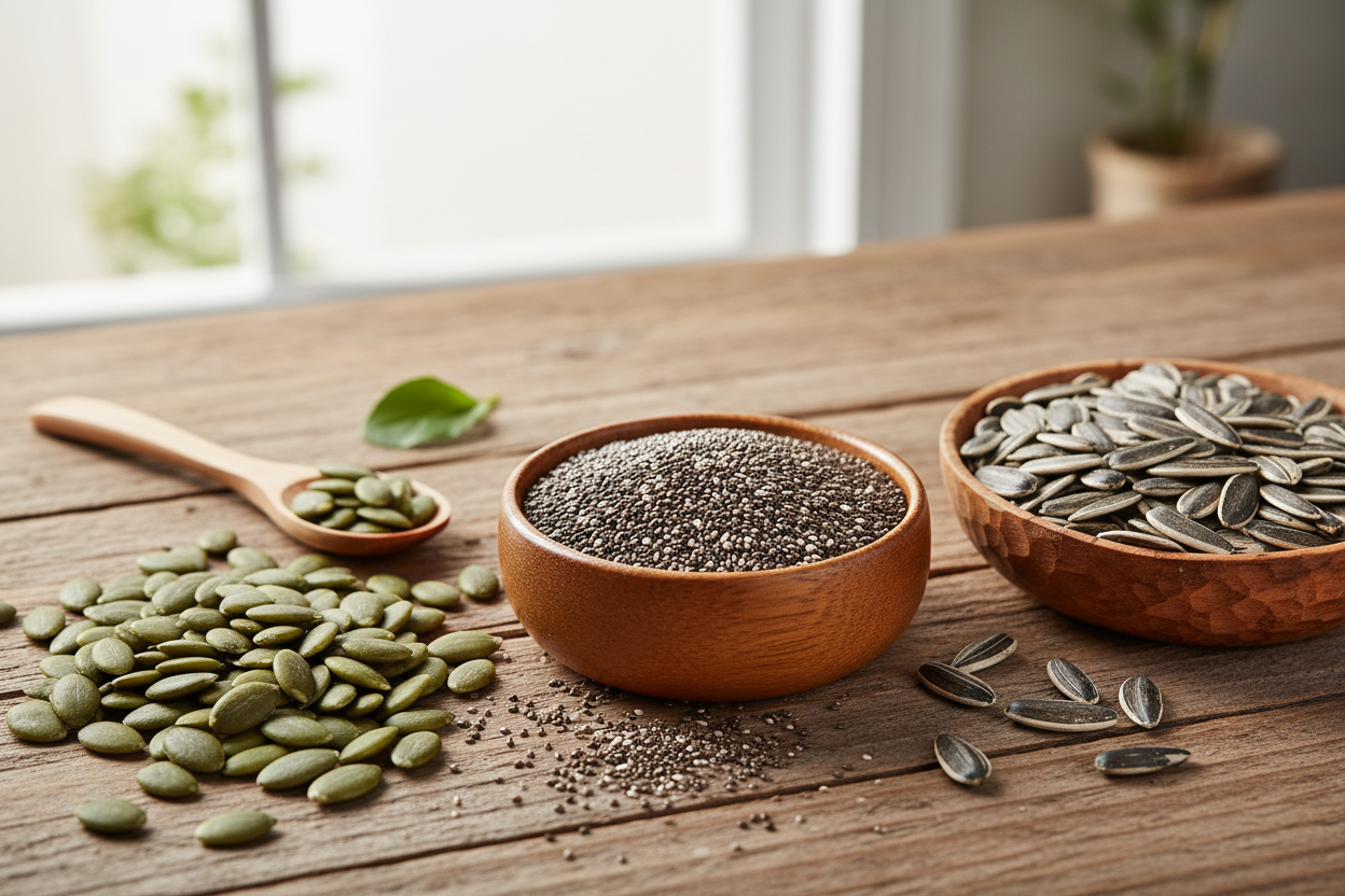 chia seeds, sunflower seeds, pumpkin seeds 